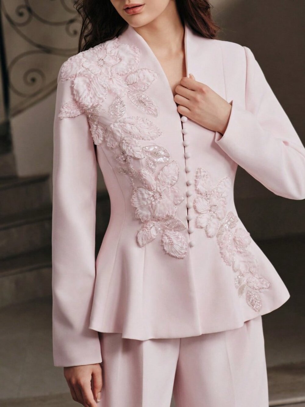 Baby Pink Elegant Women's Appliques Contrast Lace Regular Fit Blazer